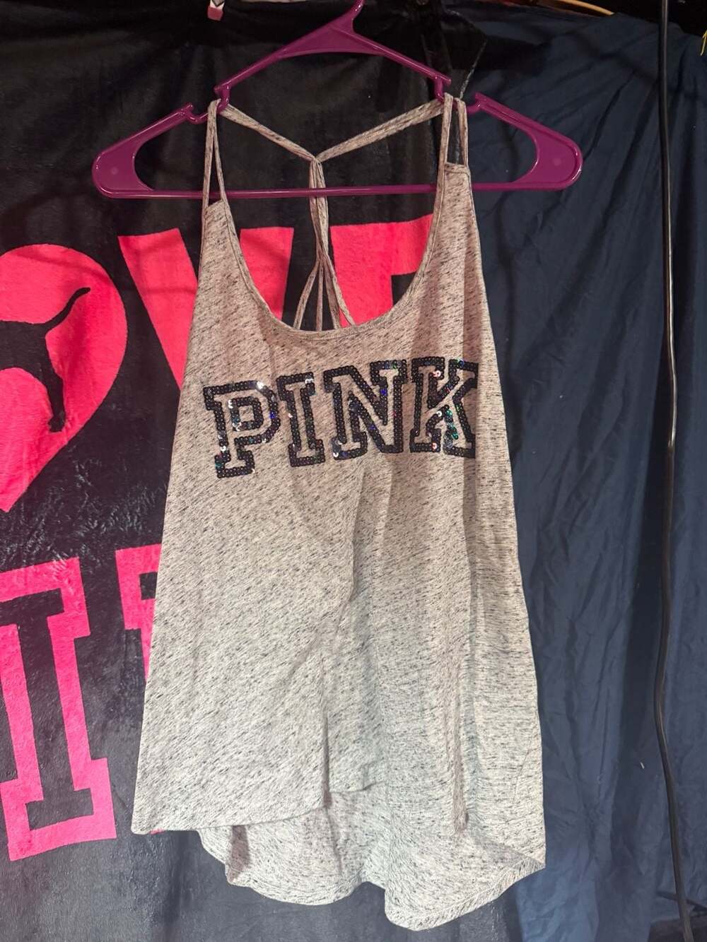 Victoria's Secret PINK Sequin Logo Racerback Tank Top Gray Size M